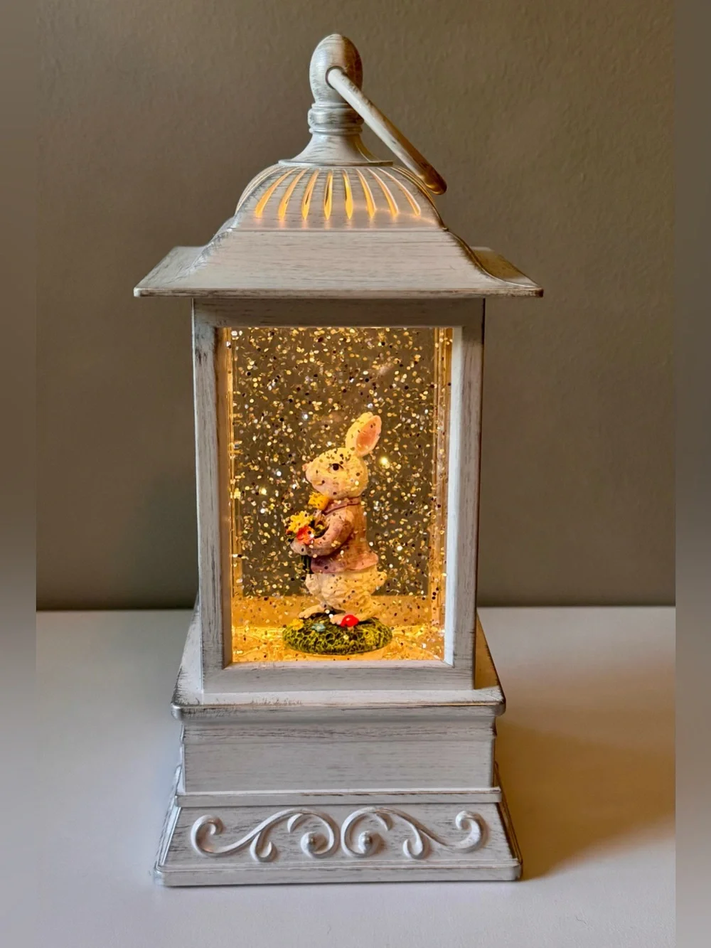 Easter Farmhouse White Distressed Lantern Water Globe with Bunny Figurine